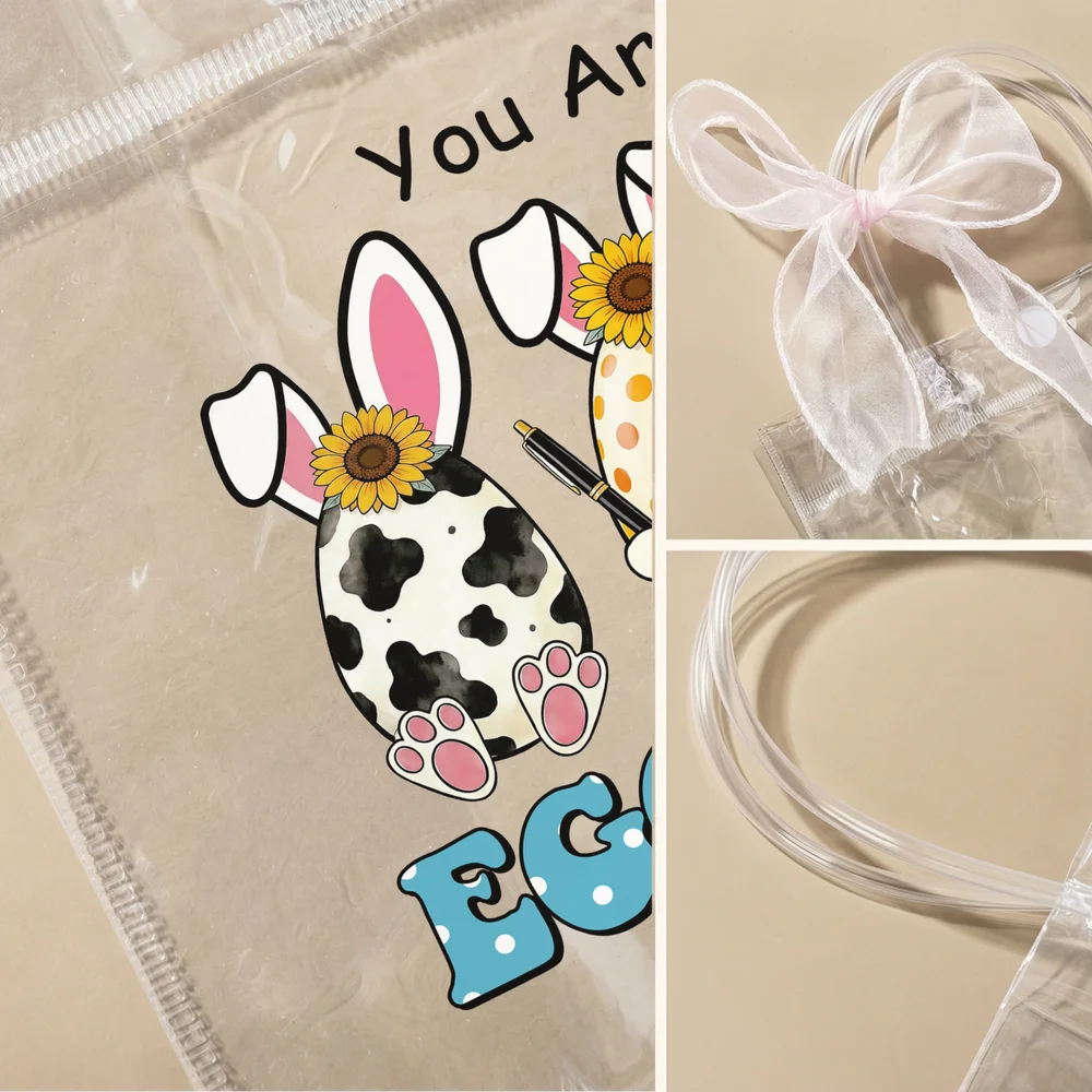 Personalized Cute Easter Eggs Clear Gift Bag with Name and Pink Bow Ribbon Easter Party Favors Gift for Kids