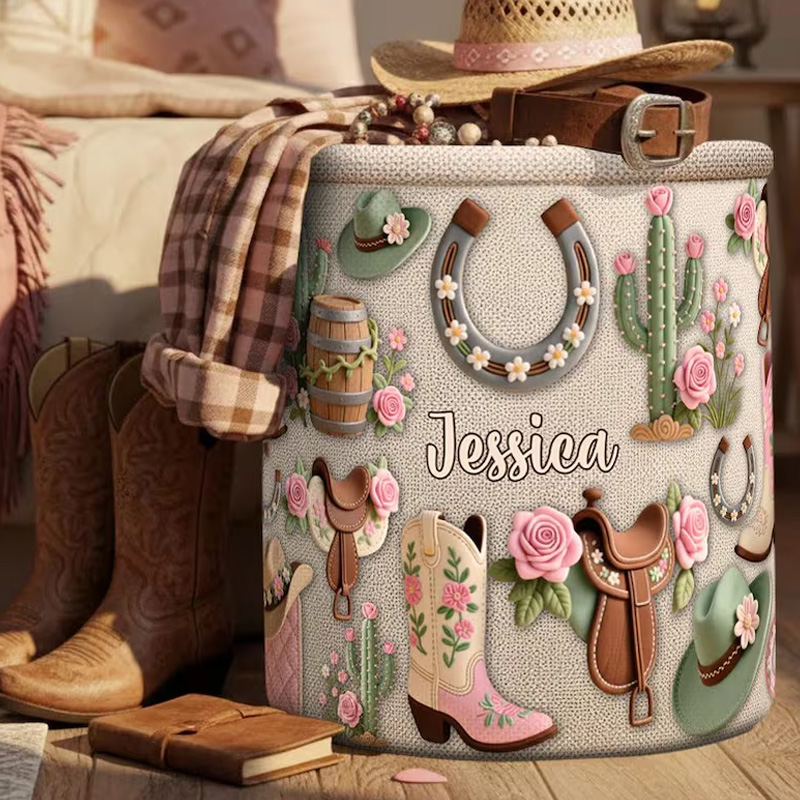 Personalized Cowgirl Hat Boots Horseshoes Accessories Organizer Basket Waterproof Laundry Basket with Handle and Name Bedroom Laundry Room Birthday Gift for Equestrian Lovers