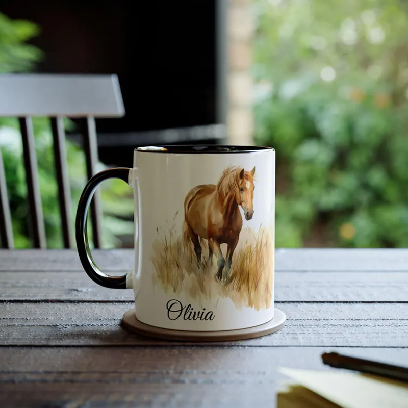 Personalized Watercolor Horse Cup Gift Mug for Equestrian Horse Riding Lovers