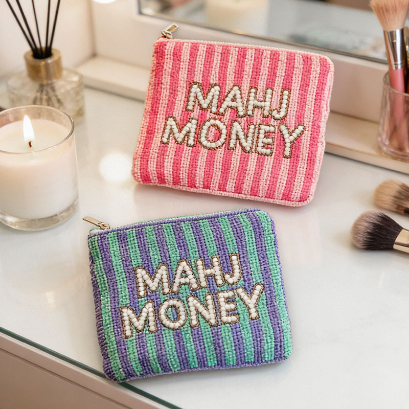 Mahjong Money Beaded Pouch Pink Seed Bead Coin Purse Mahjong Gift Accessory