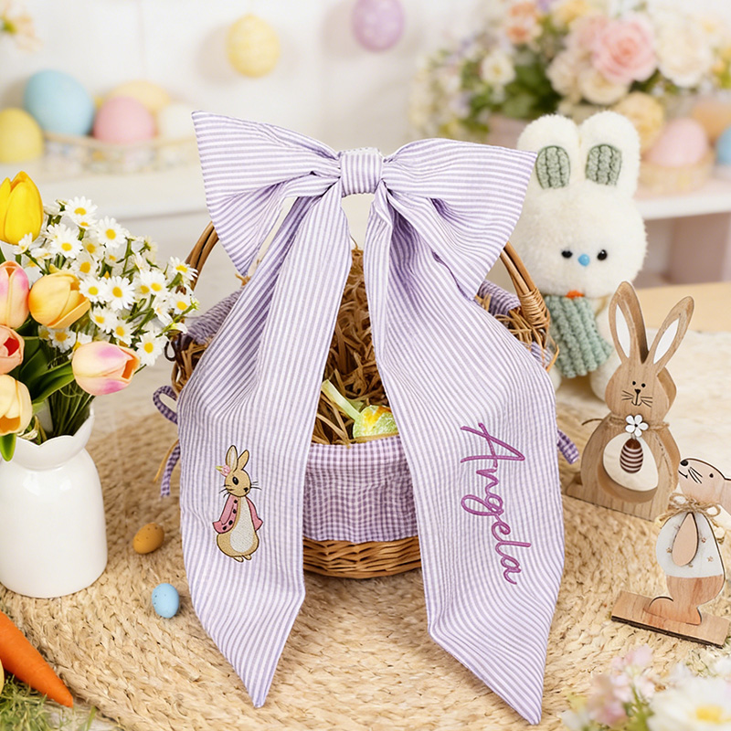 Personalized Seersucker Easter Basket Bow Monogrammed Bunny Design Easter Basket Decoration Kids Gift Spring Bunny Accessory