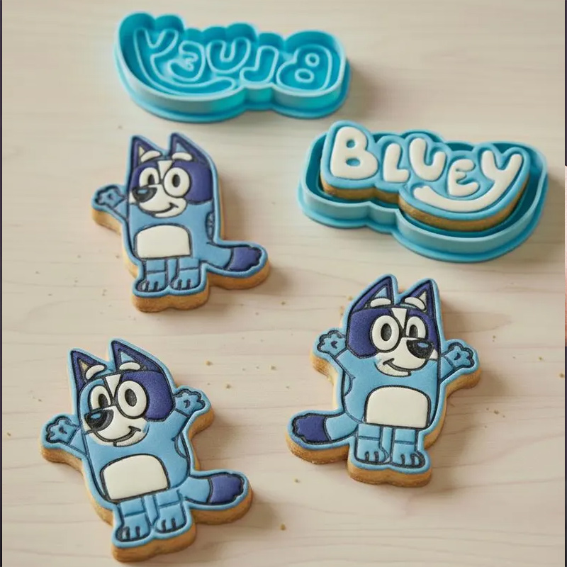 Blue Dog Cookie Cutters Set with Stamps 5 Piece Set  Cute Cookie Stamp Party Baking Gifts Birthday Party Gifts for Baking Lover
