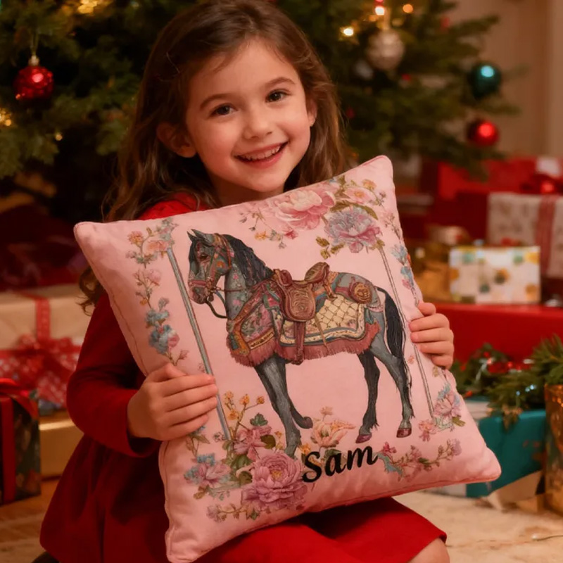 Personalized Riding Floral Horse Pillow Floral Horse Custom Name Festive Flower Decor with French Countryside Gifts for Family Graphic 3D Print Riding Lovers