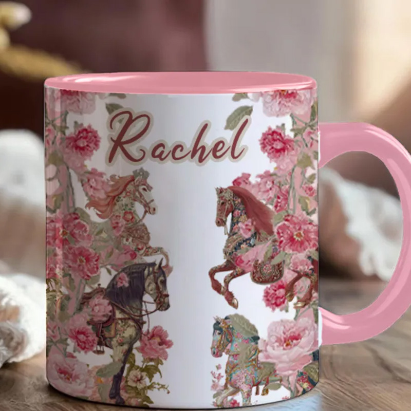 Personalized Riding Mug Floal Mug Horse Lovers French Toile de Jouy Coffee Cup Gift for Coffee Cup Bicycle Tea Cup Riding Ceramic Flower Mug Gift for Riding Lovers Equestrian Lovers