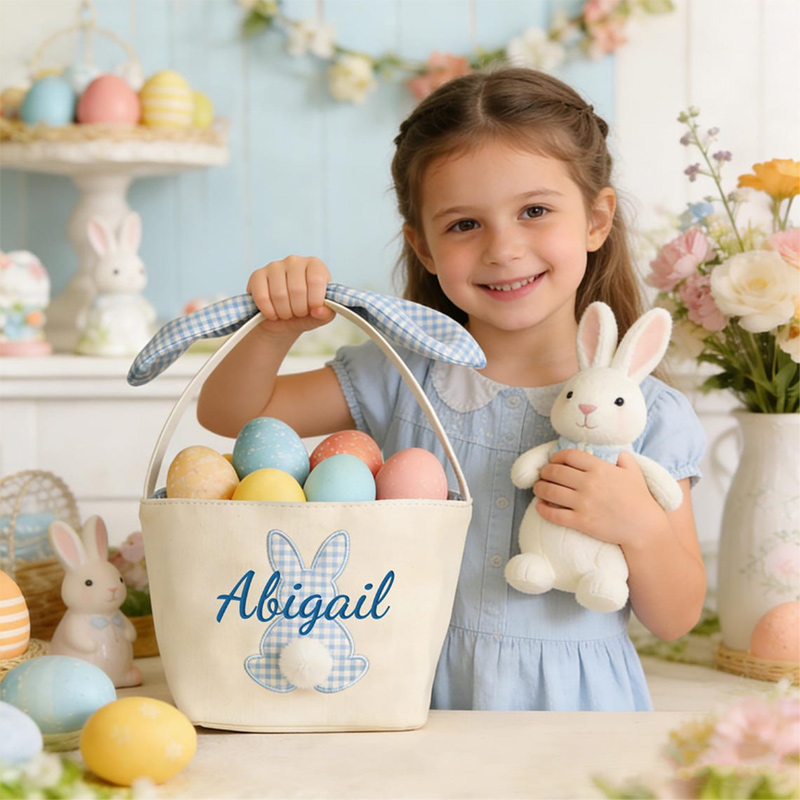 Personalized Easter Basket Embroidered Name Bunny Ear Basket Easter Egg Hunt Basket Easter Gift