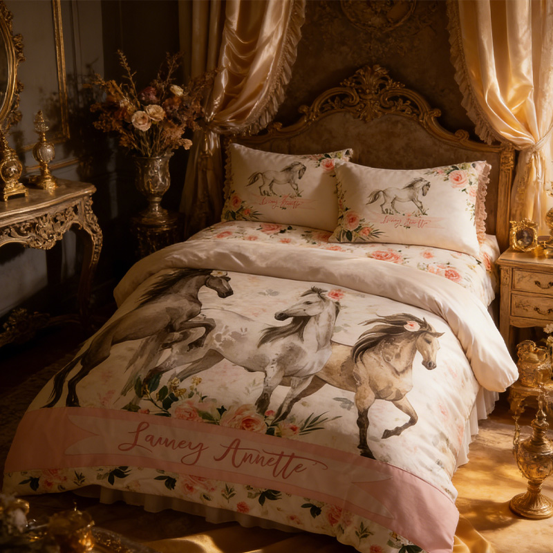Personalized Horses Duvet Cover Farmhouse Floral Bedding Gift for Equestrian Lovers