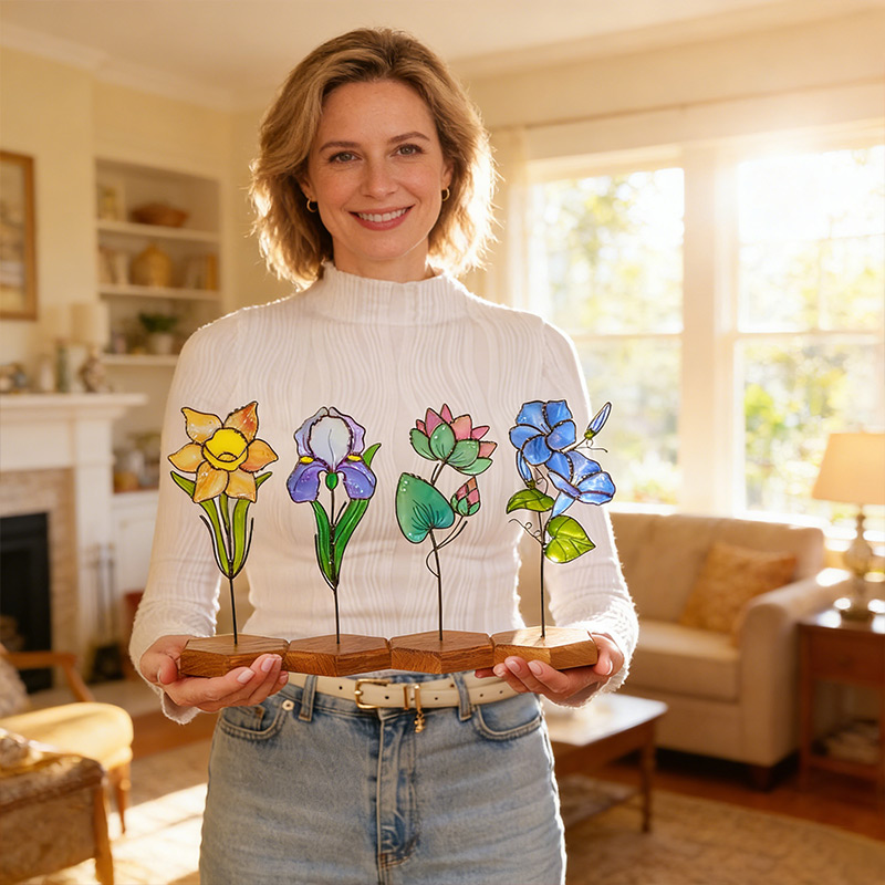 Personalized Stained Glass Birth Flower Plant with Stake Custom Birthday Suncatcher Gift for Mom Grandma Mother's Day Gifts