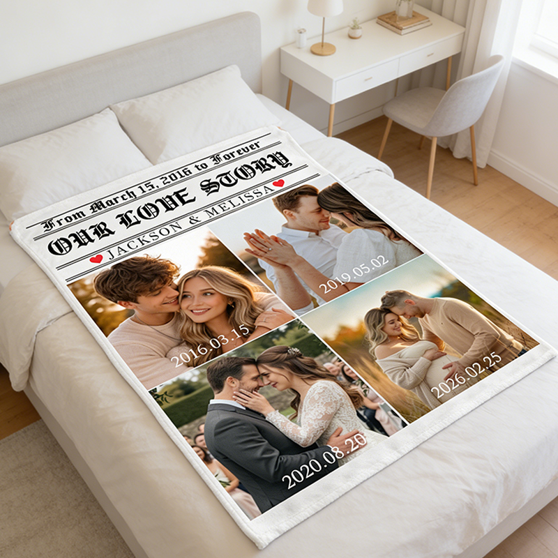 Personalized Couple Love Story Poster Design Photo Blanket with Time and Name Newlywed Wedding Newspaper Blanket Anniversary Gift for Husband