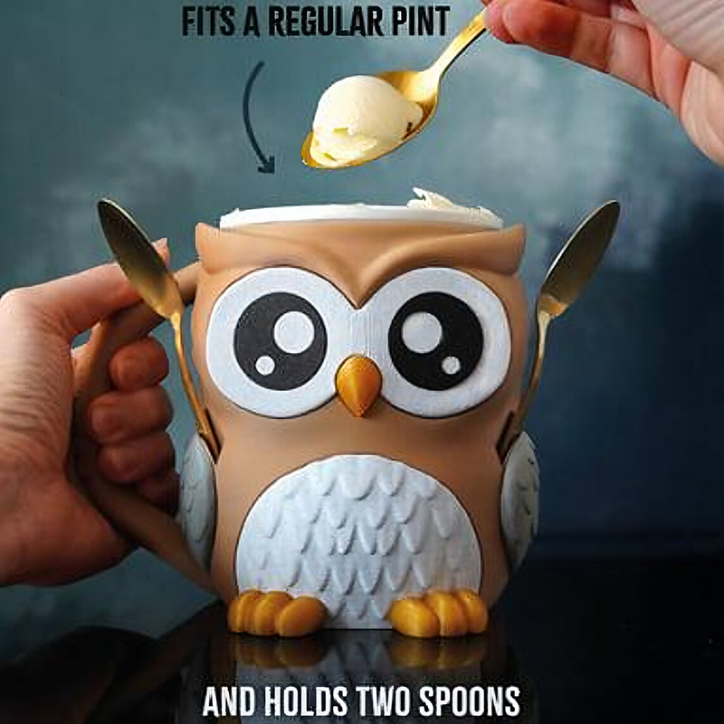 Owl Ice Cream Pint Holder 3D Printed with Spoon Slots & Snack Drawer