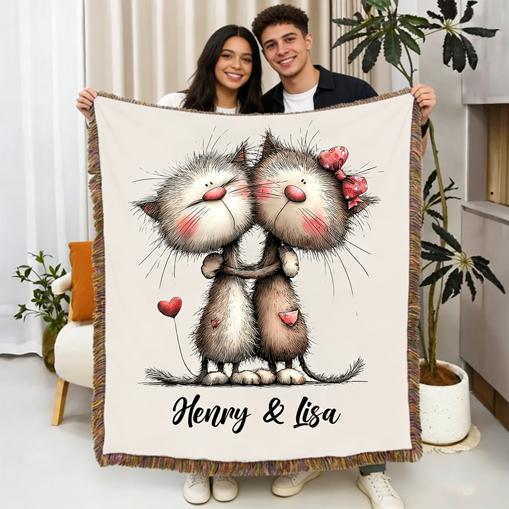 Personalized Couple Cartoon Blanket Penguin Rabbit Cat Hignland Cow Blanket For Newlywed Valentine's Gift For Couple