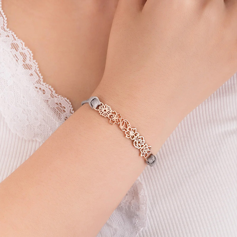 Personalized Minimalist Adjustable 1-8 Birth Flower Waxed Line Bracelet Charm Jewelry Birthday Christmas Gift for Women