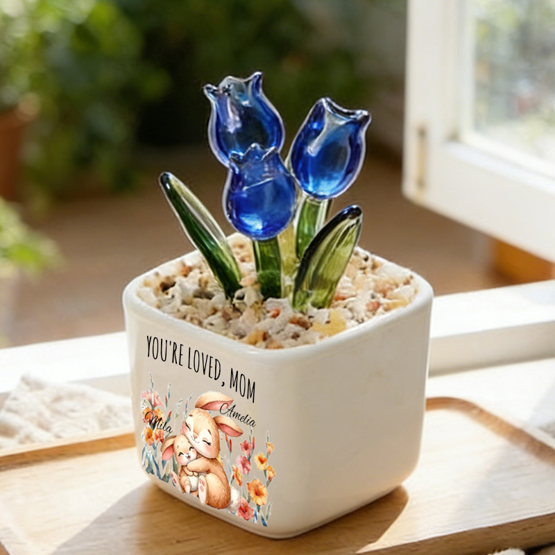 Personalized Glass Everlasting Tulips Mom Flower Gifts with Birth Month Floral Custom Hand Blown Glass Potted Mothers Day Gifts