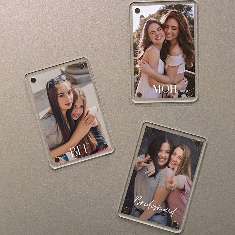 Personalized Bridesmaid Proposal Photo Frame with Engraved Text, Acrylic Fridge Magnetic Photo Frame with Custom Photos