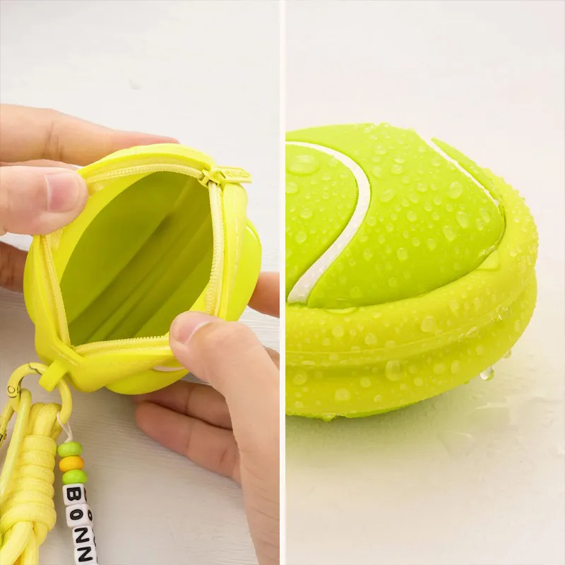 Personalized name keychain with beads, tennis ball charms, racket and ball charms, waterproof silicone storage pouch for headphones, gift for tennis lovers