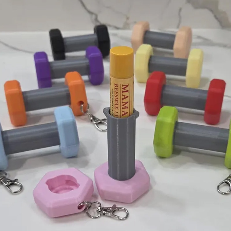 Personalized 3D Printed Dumbbell Key Chain Lip Balm Holder ChapStick Backpack Key Ring Gym Bag Sports Container Cute Fitness Workout Unique Creative Gift for Coach Trainer Gym Lover