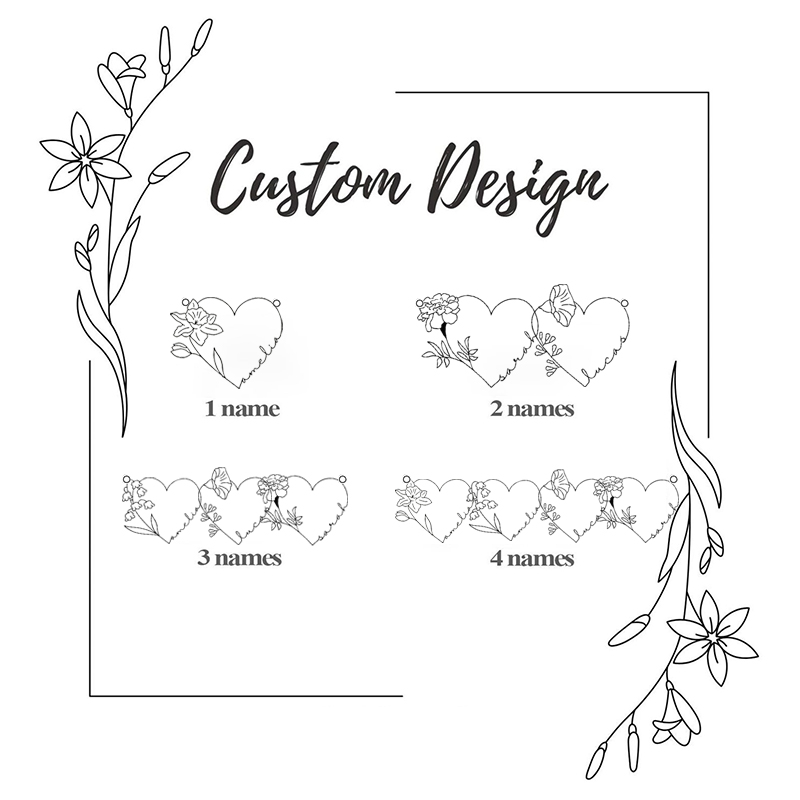 Personalized Family Name Necklace with Heart Birthflowers Multiple Heart Necklace Kids Name Necklace for Mom Mother's Day Gift