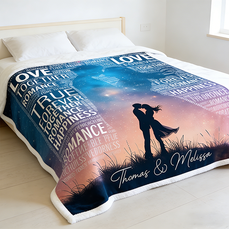 Personalized Couple Cloud Word Starry Sky Silhouette Blanket Valentine's Day Gift for Couple Cloud Word Blanket Love Story Blanket For Her