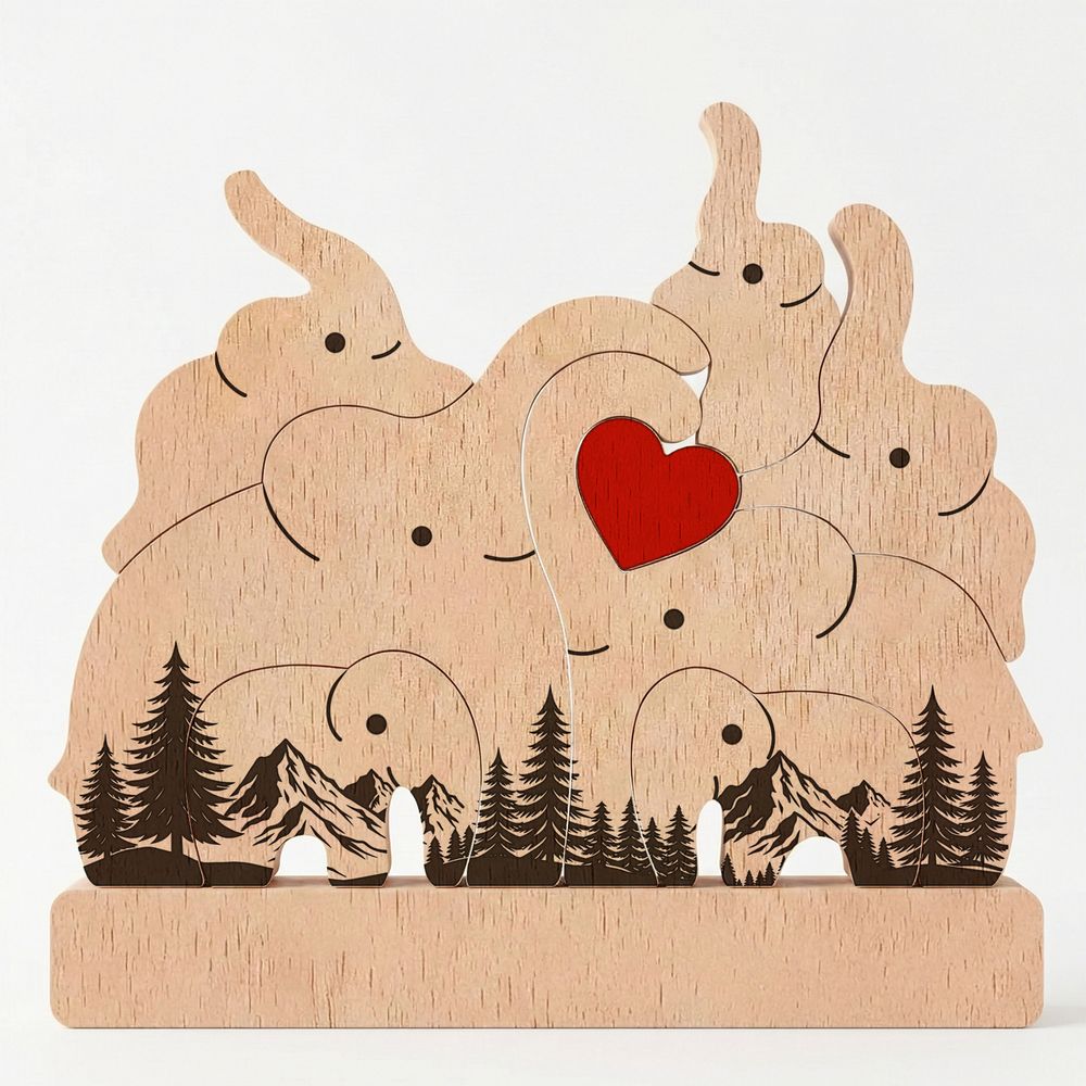 Personalized Custom Engraved Family Name Gift Home Decor Anniversary Present Love Keepsake Elephant Family Wooden Puzzle
