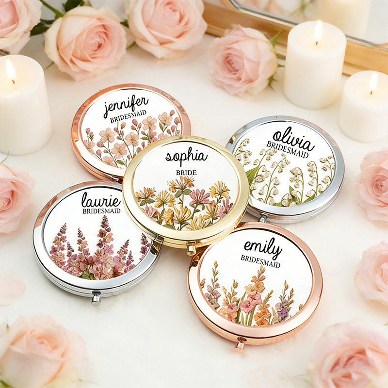 Personalized Bridesmaid Compact Mirror Dried Pressed Birth Floral Compact Mirror Custom Bride Name Compact Mirror Bachelorette Party Mirror Bridal Shower Gift for Her