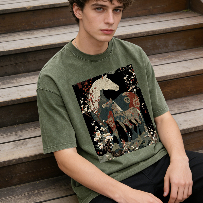 Japanese Ukiyo Horses Washed T-Shirts Gift Shirt for Riding Equestrain Lovers