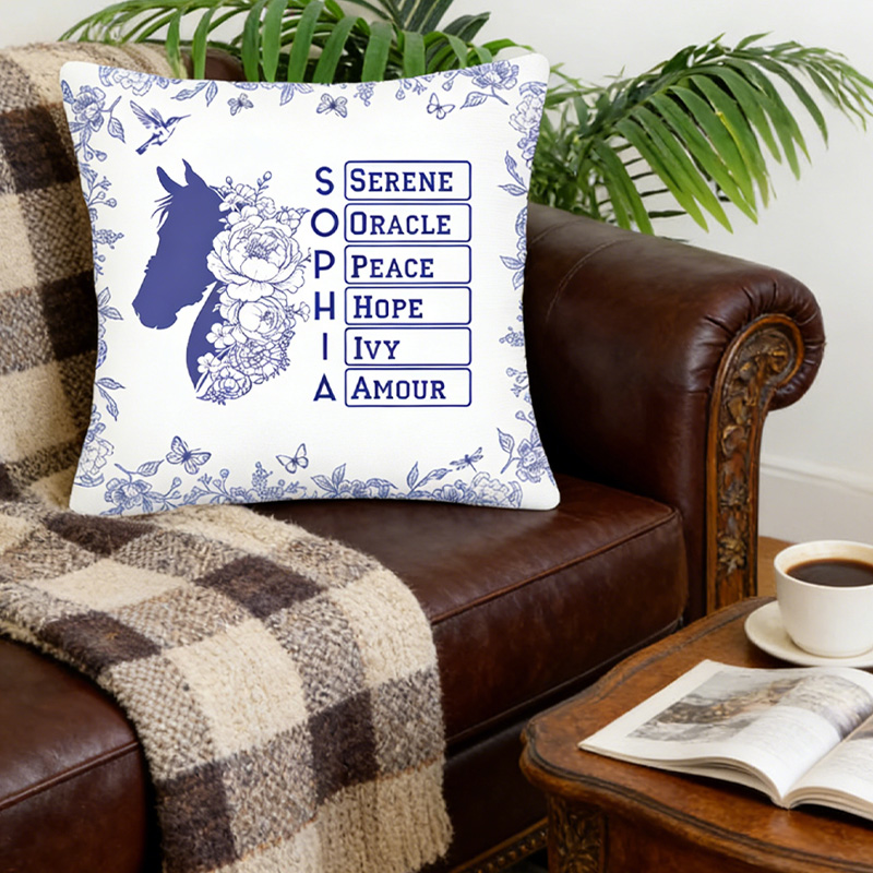 Personalized Toile De Jouy Horse Birth Flower Soft Throw Pillow Cover with Name Home Decor Birthday Gift for Equestrain Lovers