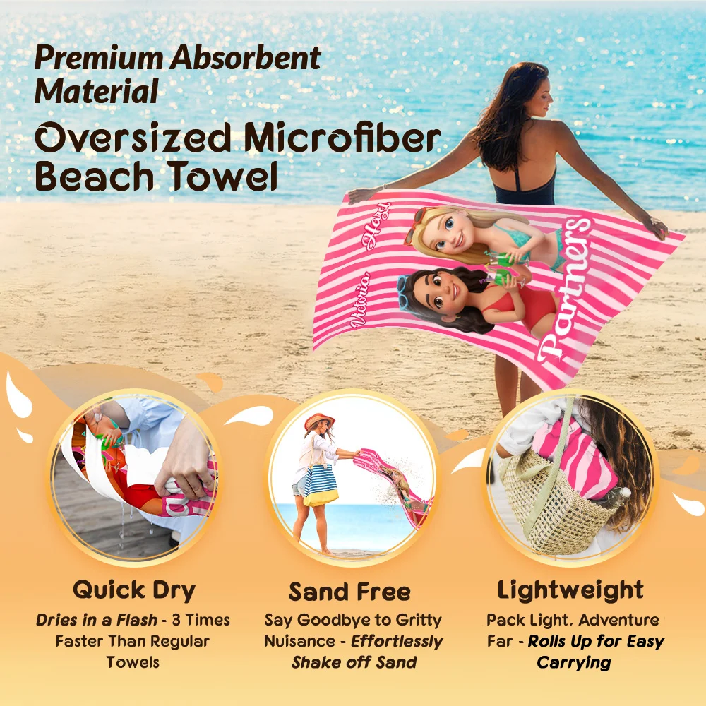 Personalized Cartoon Character Photo Design Quick Dry Oversized Striped Beach Towel with Name Travel Essential Birthday Gift for Sister Friend