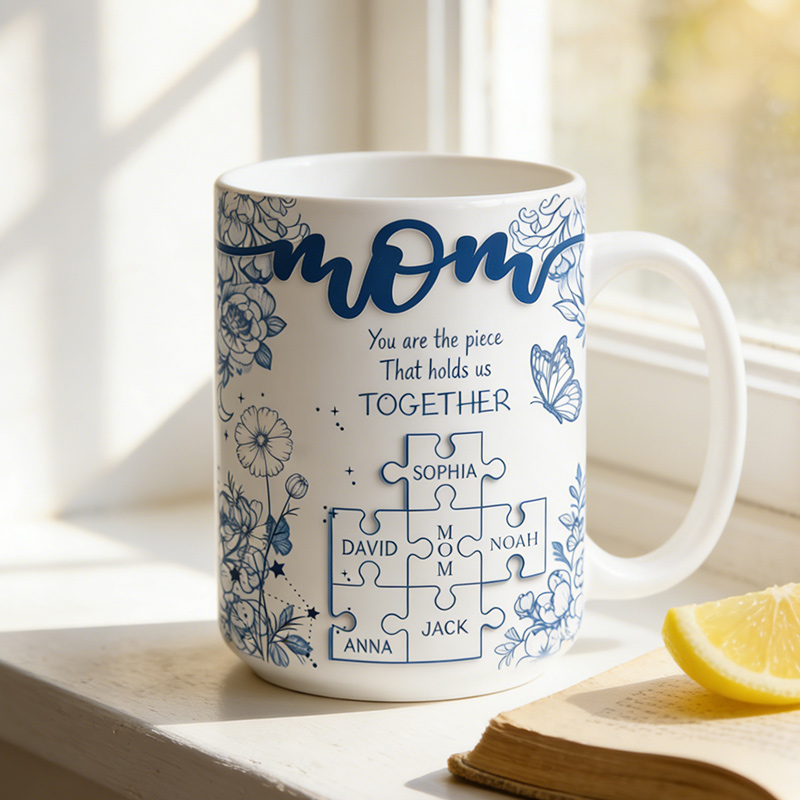 Personalized Mom Puzzle Piece Pottery Mug with Birth Flower You Are The Piece That Hold Us Together Mug Gift For Mom Mother's Day Gift
