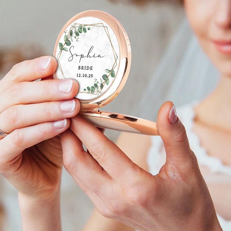 Personalized Maid of Honor Eucalyptus and Geometric Wreath Mirror Bride Compact Mirror Bachelorette Party Gift