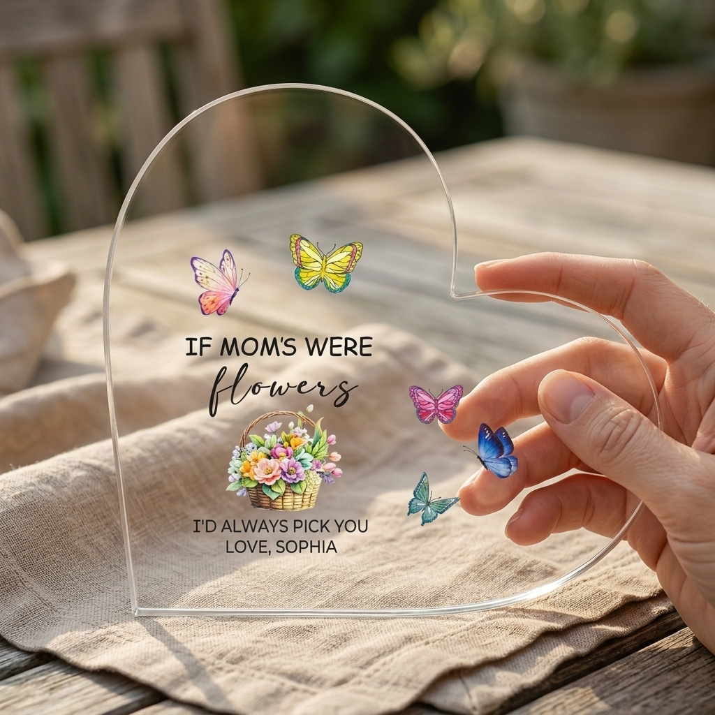 Personalized Heart Acrylic Plaque – ‘If Moms Were Flowers, I’d Pick You’ Mother’s Day Gift