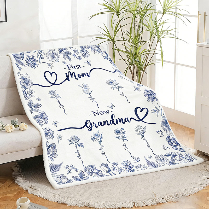 Personalized Grandma Blanket with Birthflower Grandkids Names Mother's Day Gift For Nana Gigi Mimi Custom Grandmother Mom Birthday Gift 