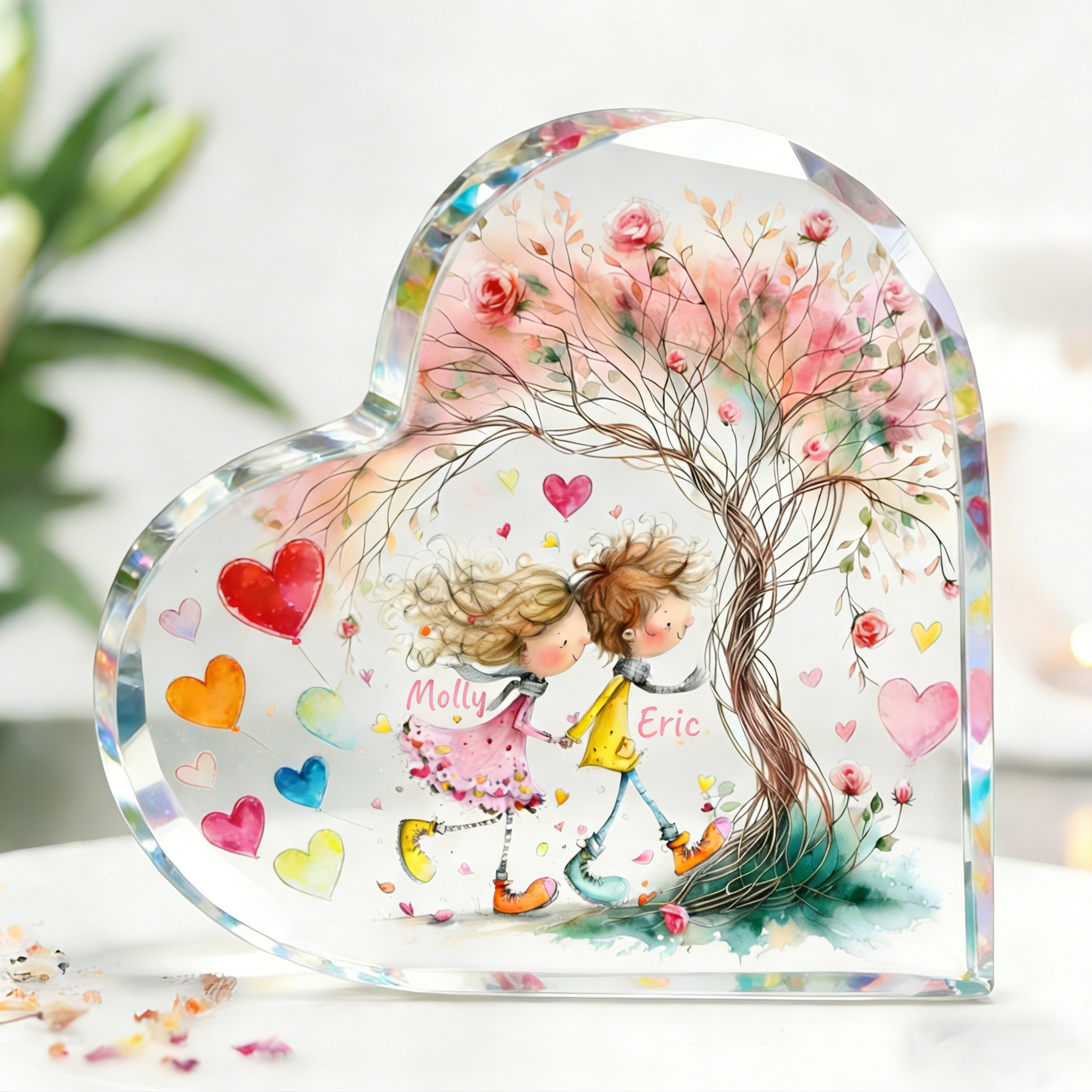 Personalized Cartoon Couple Plauqe Flower Tree Heart Shape Acrylic Plaque with Name Desk Decor Valentine's Day Gift for Couple