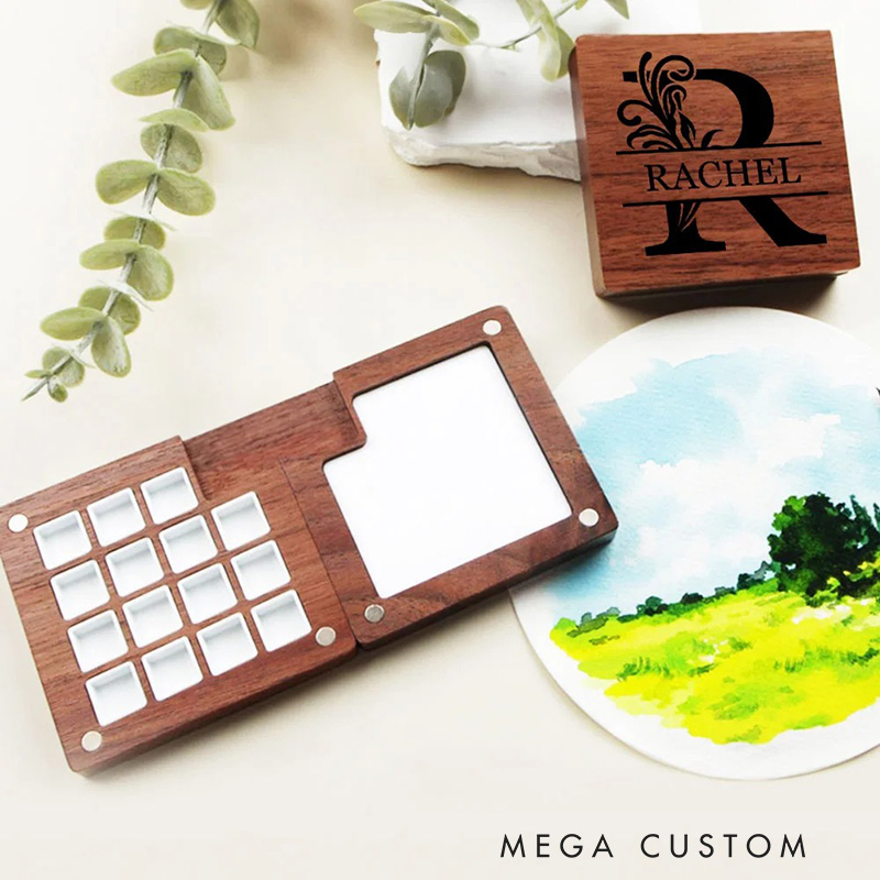 Personalized Initial Wooden 15 Grid Mini Magnetic Watercolor Paint Palette with Name and Clip Portable Painting Supplies Gift for Painter Artist