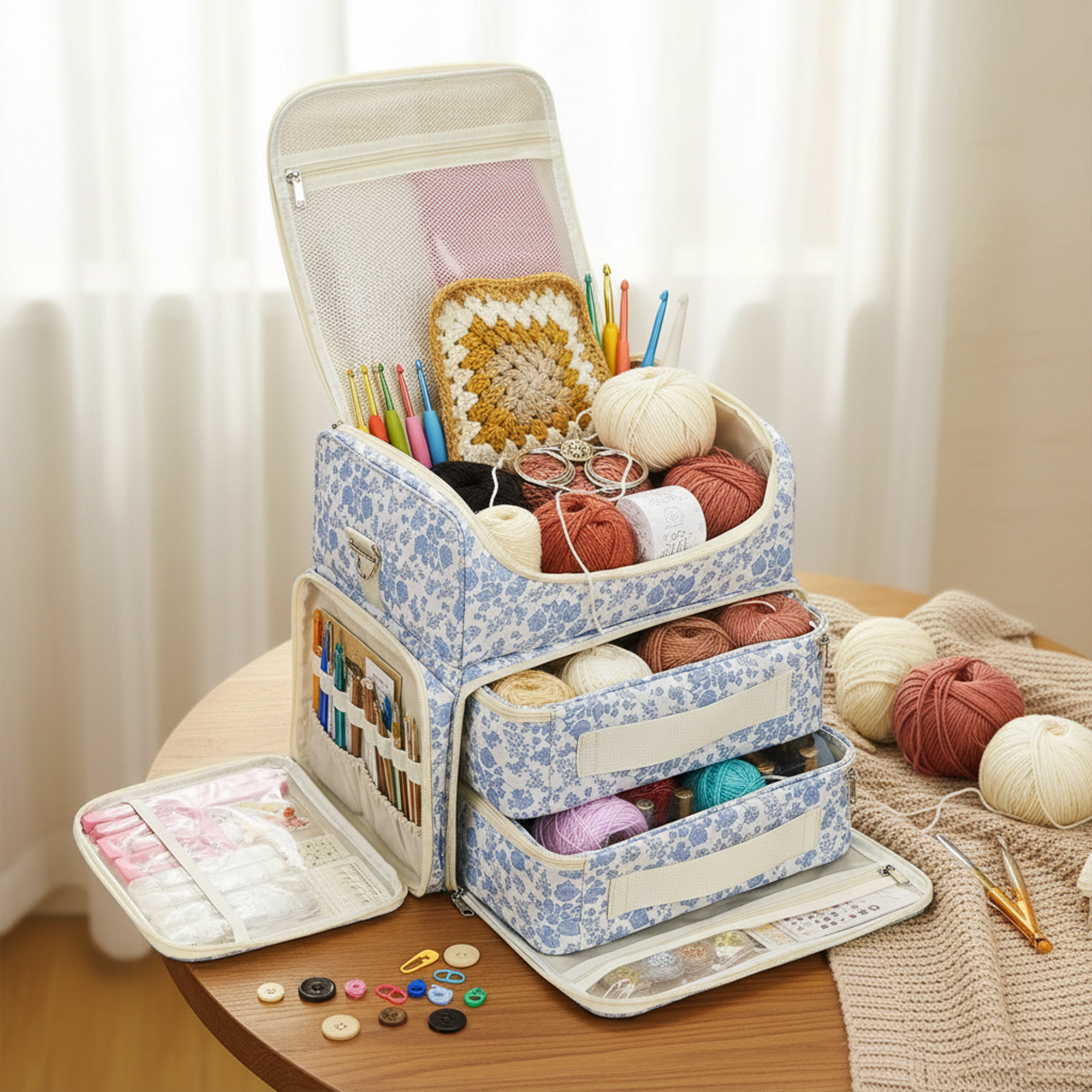Personalized Large Capacity Floral Crochet & Knitting Bag with Multiple Compartments - Portable Yarn Storage Organizer for Craft Supplies