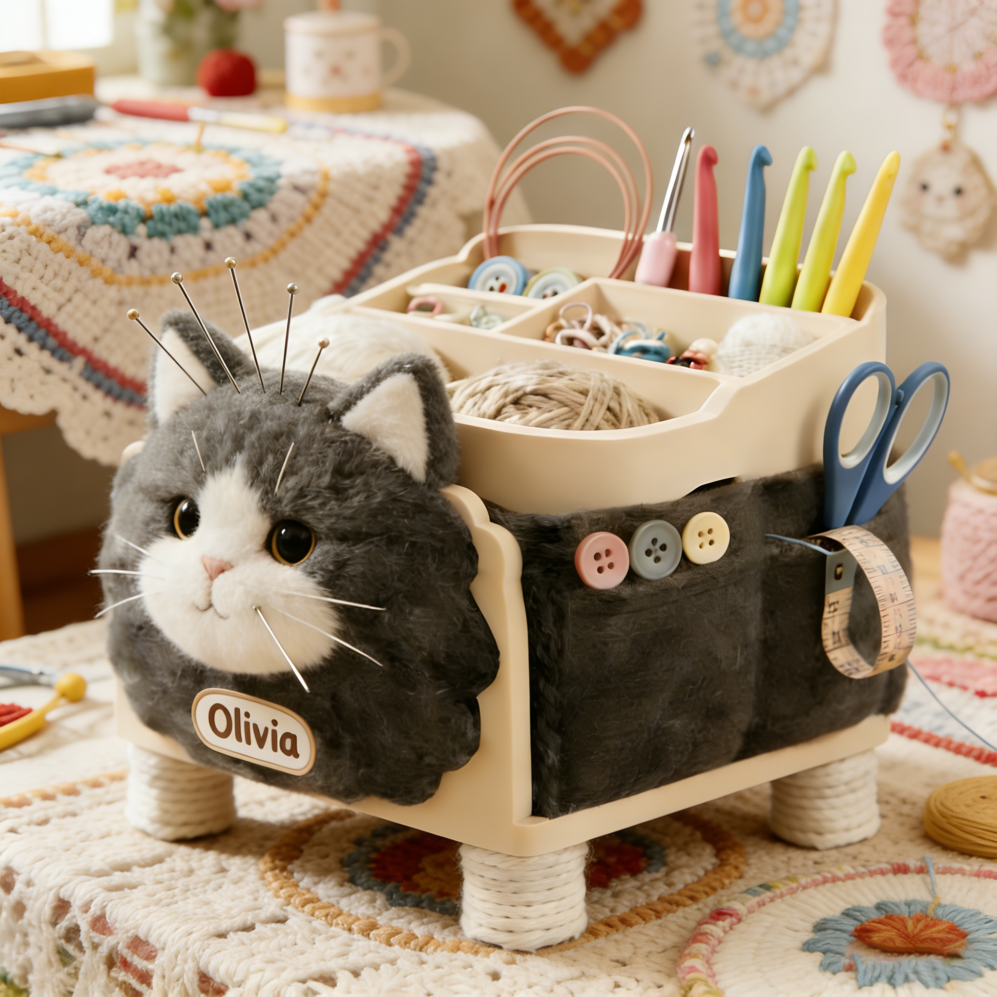 Personalized Cute Cat-Shaped Knitting & Sewing Storage Organizer – Personalized Craft Caddy with Plush Cat Design for Yarn, Needles, and Tools