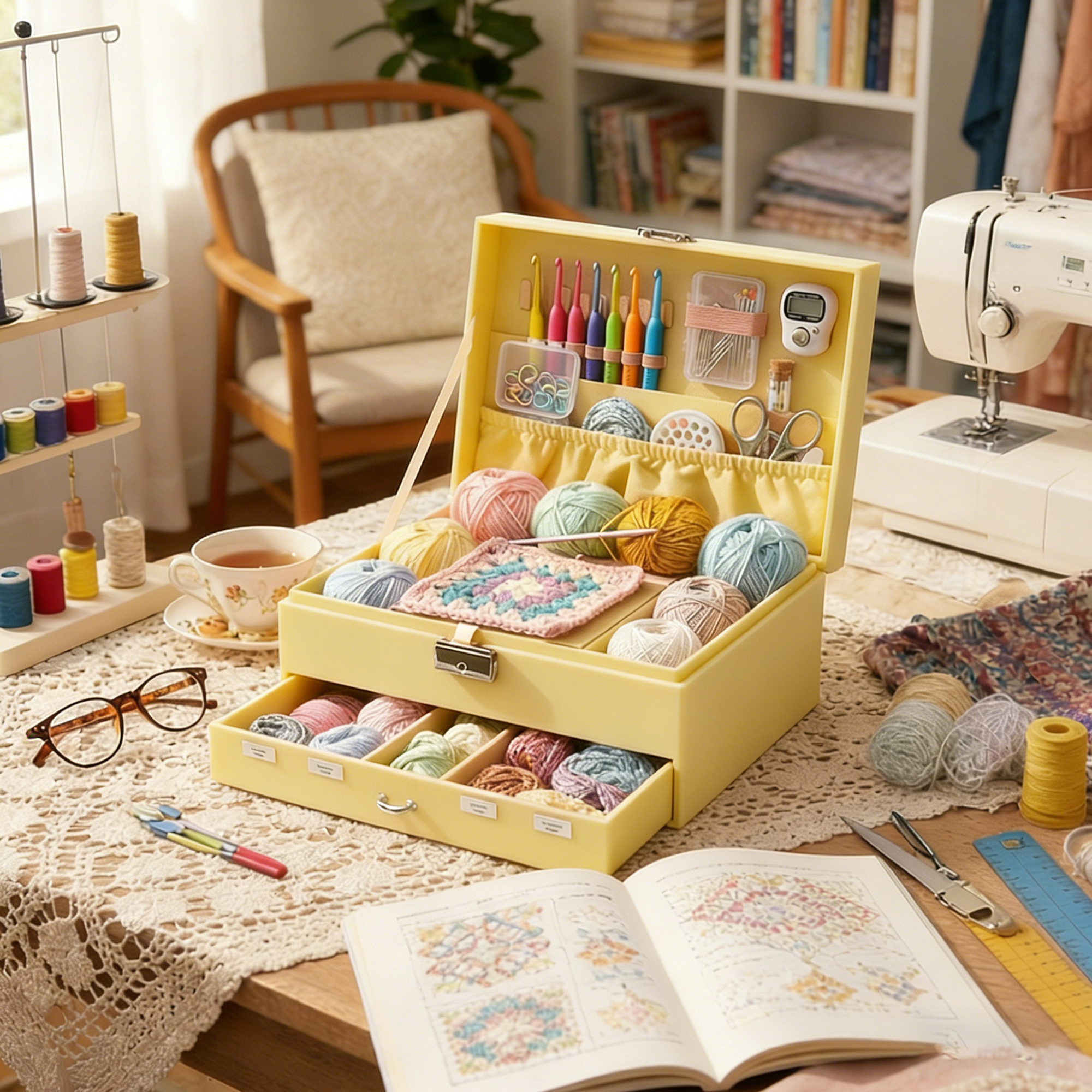 Personalized Multi-Layer Fabric Crochet & Knitting Organizer Box – Portable Craft Storage for Yarn, Hooks and Accessories
