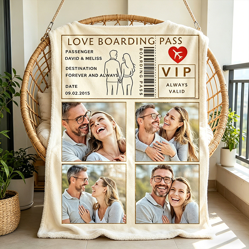 Personalized Love Boarding Pass Design Blanket for Couple Photo Blanket
