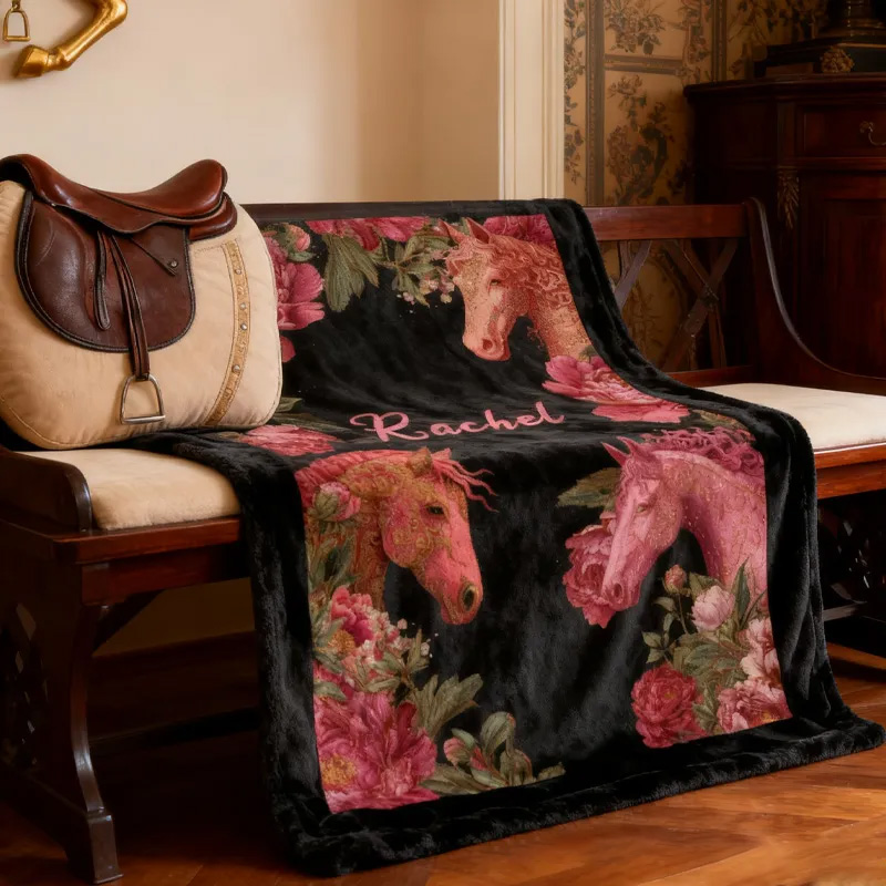 Personalized Riding Floral Blanket Equestrian Horse Custom Name Festive Flower Decor with French Countryside Gifts Family Blanket for Riding Lovers Equestrian Lovers