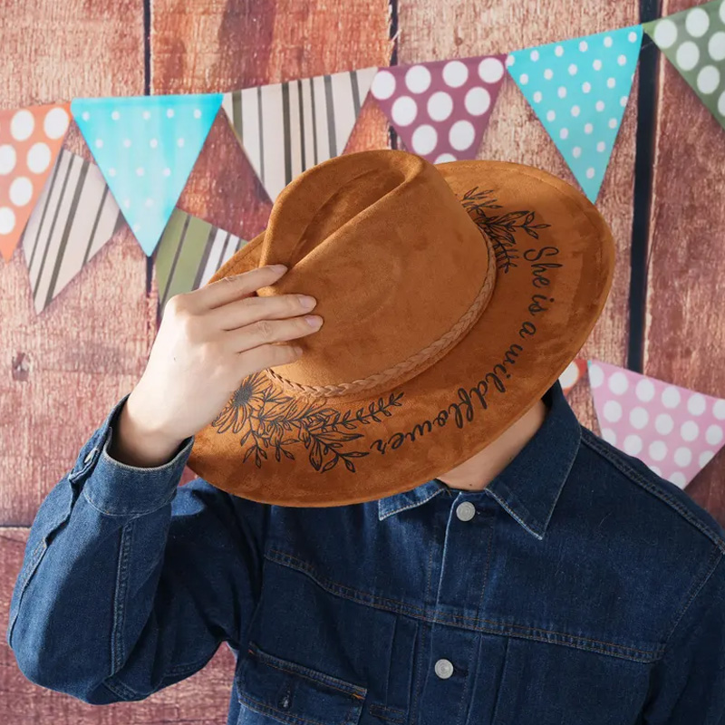 Personalized Vegan Suede Burned Hat Birth Month Floral Western Style Cowboy Cowgirl Hats She is a Wildflower Fedora Hat Wide Brim Hat Gifts for Equestrain Lovers