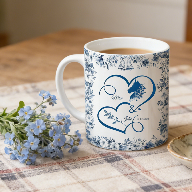 Personalized Toile De Jouy Mug Heart Birth Flower with Your Horse Ceramic Cup Gift for Horse Riding Equestrian Lovers
