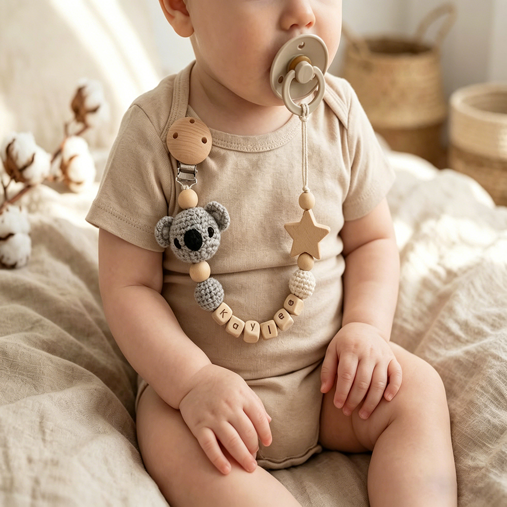 Personalized Crochet Pacifier Clip Custom Name Baby Pacifier Holder Neutral Boho Baby Accessory Newborn Gift Baby Shower Present