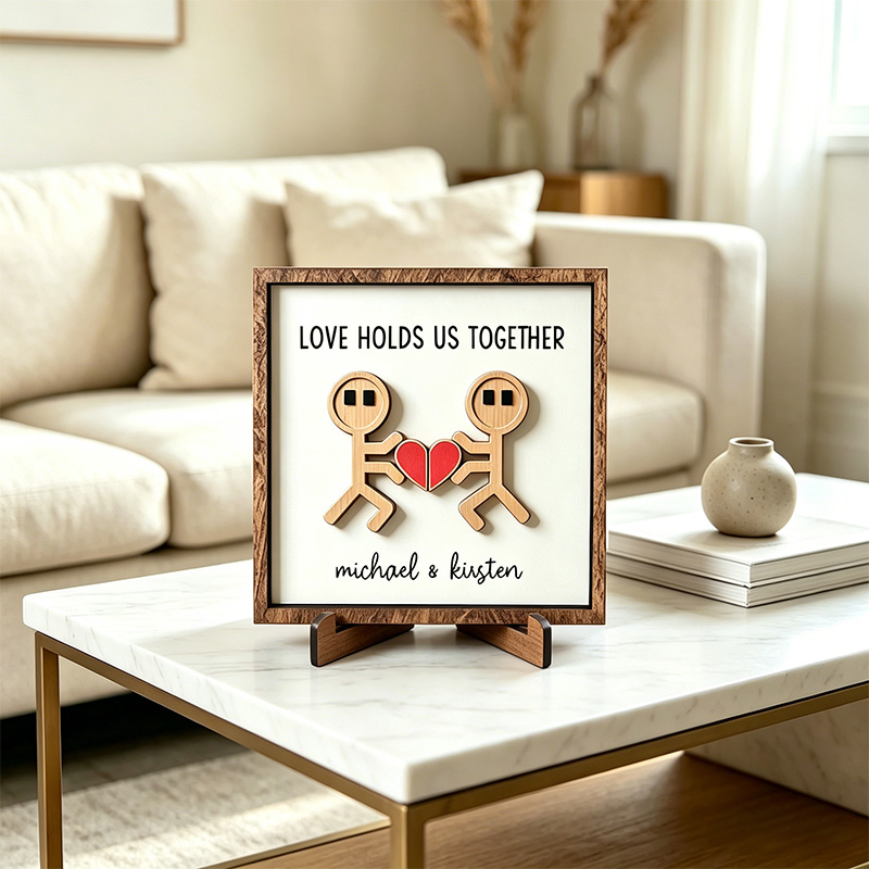 Personalized Funny Cartoon Couple Wooden Sign Gift Valentine's Day Gift for Couple Love Holds Us Together Wood Sign with Couple Name