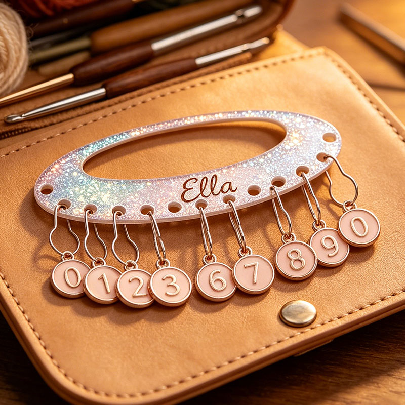 Personalized Removable Plastic Leather Wood Counting Number Stitch Markers Charm with Engraved Name and Holder Birthday Gift for Crochet Knitting Lovers