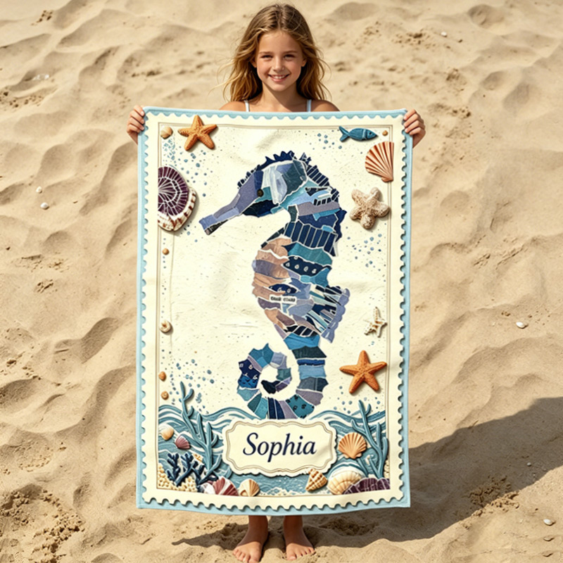 Personalized  Beach Towel  Coastal Patchwork Collage Design Custom Name Kids Towel for Summer Vacation Ocean Theme Gift