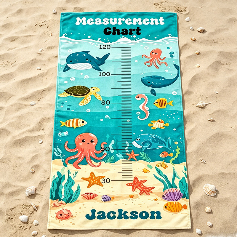 Personalized Kids Growth Chart Beach Towel  Under‑the‑Sea Height Measurement Design  Custom Name Summer Gift for Children