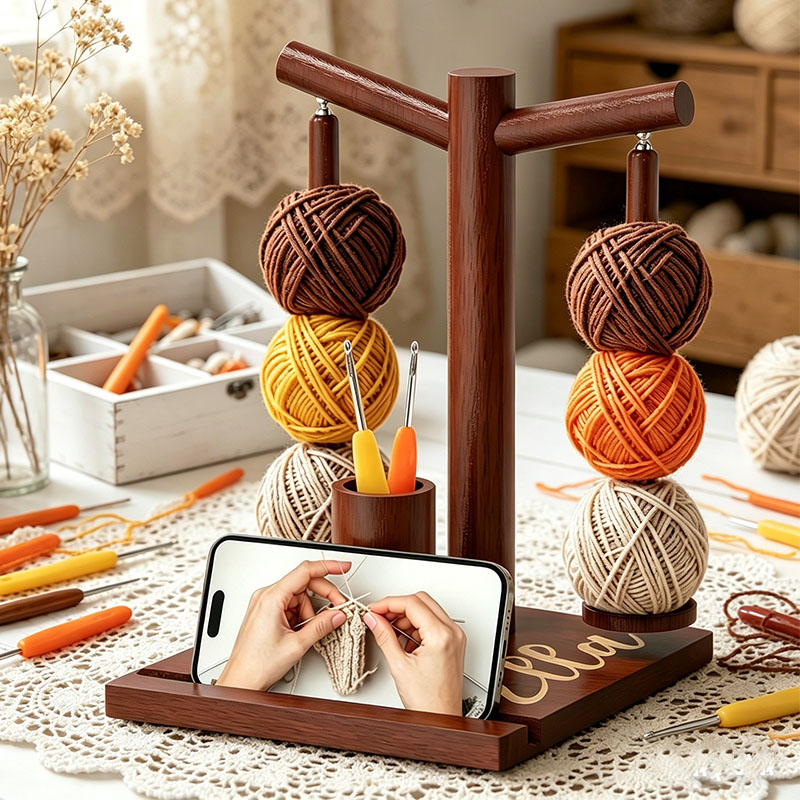Wooden Yarn Holder for Crocheting and Knitting Upgraded Magnetic Rotating Yarn Spinner with 2 Spindles Perfect for Crocheting and Knitting Lovers