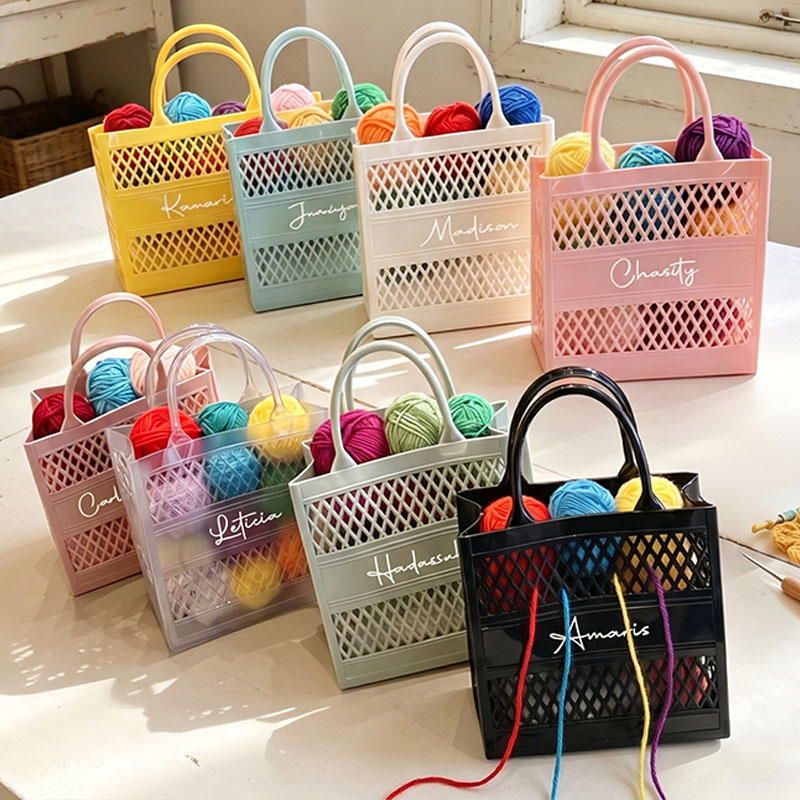 Personalized Hollow Crochet & Yarn Storage Bag Portable Handle Large Capacity Waterproof Solid Color PVC Tote Handbag Craft Yarn Sewing Organizer Basket