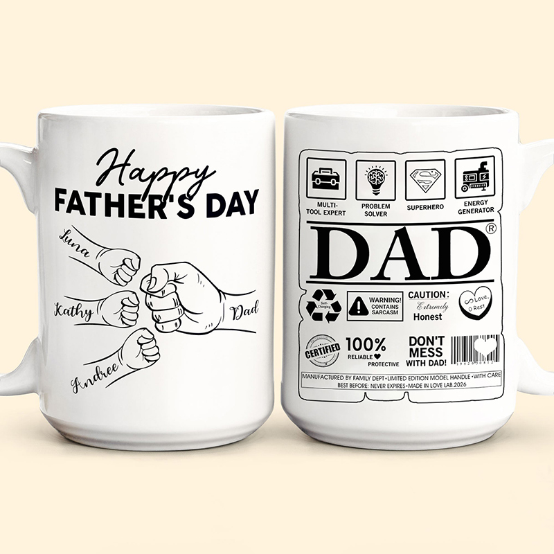Personalized Happy Father's Day 11 oz 15 oz Ceramic Mug with 1-6 Names Custom Dad Mug Father's Day Gifts for Dad Grandpa