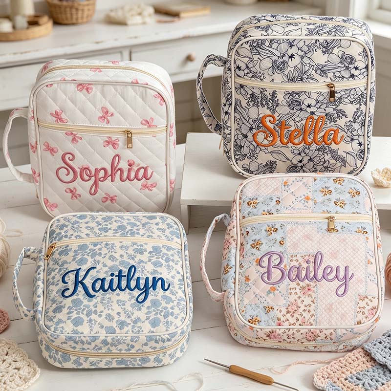 Pedsonalized Crochet Tool Storage Bag with Embroidery Name Quilted Floral Knitting Bag Needle Storage Bag Sewing Project Organizer Gift for knitter