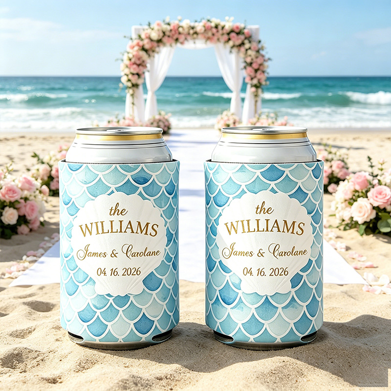 Personalized Ocean Theme Striped Beer Can Cooler Sleeve with Name Title and Date Wedding Party Gift for Newlyweds