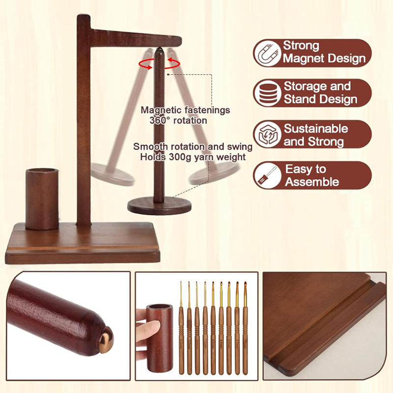 Yarn Holder Wooden Ball Holder Multifunctional Magnetic Wool Holder Rotating Yarn Holder Wooden Yarn Dispenser with Stand Suitable for Crochet Yarn and Knitting